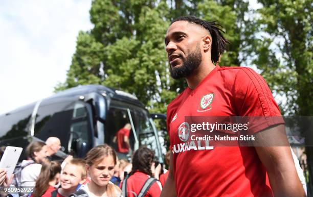 Ashley Williams of Wales arrives for a training session a the Racecourse Ground on May 21, 2018 in Wrexham, Wales.