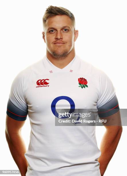 Nick Schonert of England poses for a portrait during the England Elite Player Squad Photo call held at Pennyhill Park on May 21, 2018 in Bagshot,...