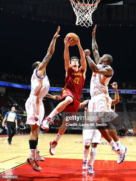 Joe Alexander of the Fort Wayne Mad Ants goes for the basket against Courtney Sims left and Earl Barron right of the Iowa Energy on January 23, 2010...