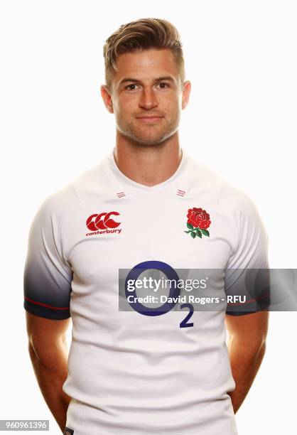 Henry Trinder of England poses for a portrait during the England Elite Player Squad Photo call held at Pennyhill Park on May 21, 2018 in Bagshot,...
