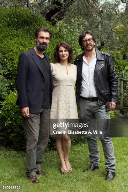 Fabrizio Gifuni, Lorenza Indovina and director Daniele Vicari attend a photocall for 'Prima Che La Notte' Rai Fiction at Viale Mazzini on May 21,...