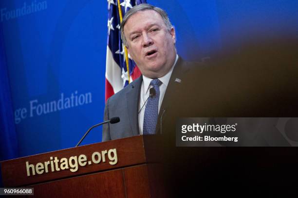 Mike Pompeo, U.S. Secretary of state, speaks at the Heritage Foundation in Washington, D.C., U.S., on Monday, May 21, 2018. Pompeo demanded Iran halt...