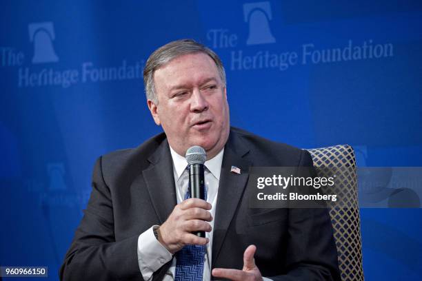 Mike Pompeo, U.S. Secretary of state, speaks during a discussion at the Heritage Foundation in Washington, D.C., U.S., on Monday, May 21, 2018....