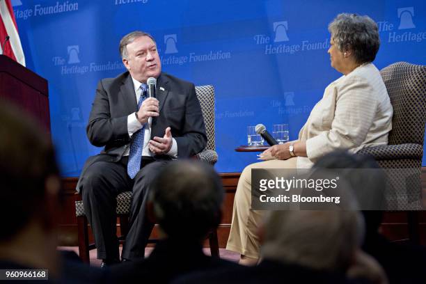 Mike Pompeo, U.S. Secretary of state, speaks while Kay Coles James, president of the Heritage Foundation, right, listens during a discussion at the...