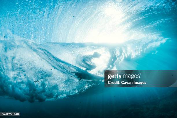 underwater view of person surfboarding on wave - underwater splash stock pictures, royalty-free photos & images