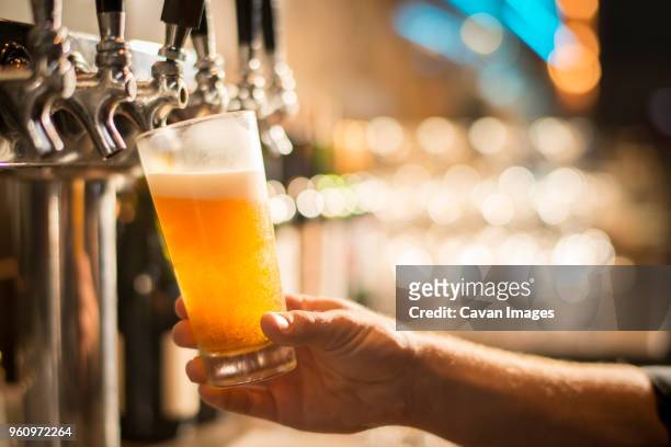cropped hand of bartender filling beer from tap at bar - speciaalbier stockfoto's en -beelden