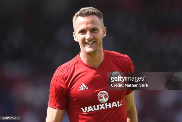 Andy King of Wales looks on during a training session a the Racecourse Ground on May 21, 2018 in Wrexham, Wales.