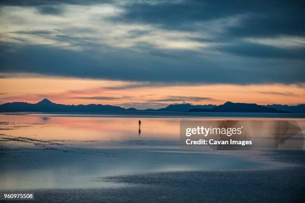 silhouette person standing on bonneville salt flats against cloudy sky - utah nature stock pictures, royalty-free photos & images