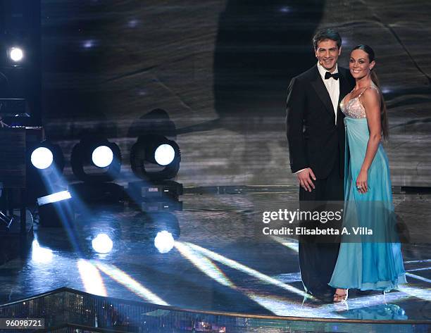 Actor Lorenzo Crespi and his dance partner Natalia Titova perform on the 'Ballando Con Le Stelle' TV show at the RAI Auditorium on January 23, 2010...