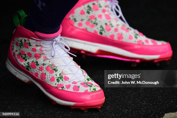 Closeup view of pink cleats in dugout in honor of Mother's Day before Los Angeles Dodgers vs Cincinnati Reds game at Dodger Stadium. Equipment. Los...