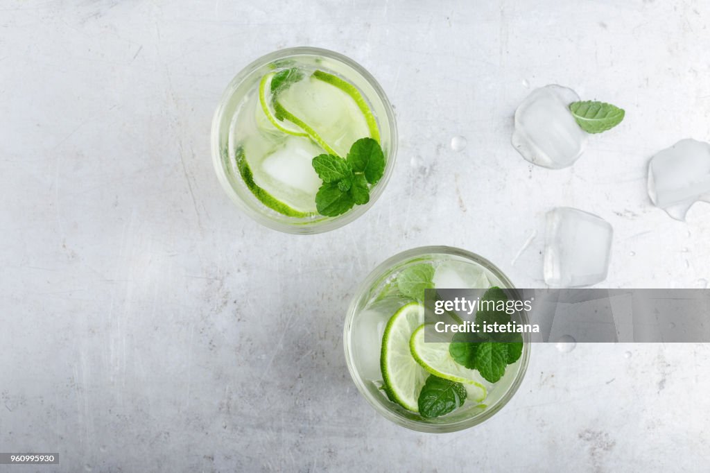 Iced cold lemonade with fresh lime and juice