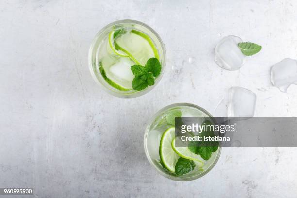 iced cold lemonade with fresh lime and juice - alcohol top view stock-fotos und bilder