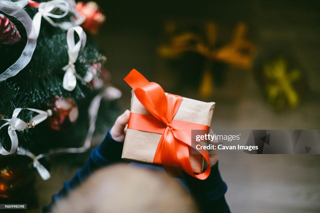 Cropped hands of boy holding gift by Christmas Tree at home