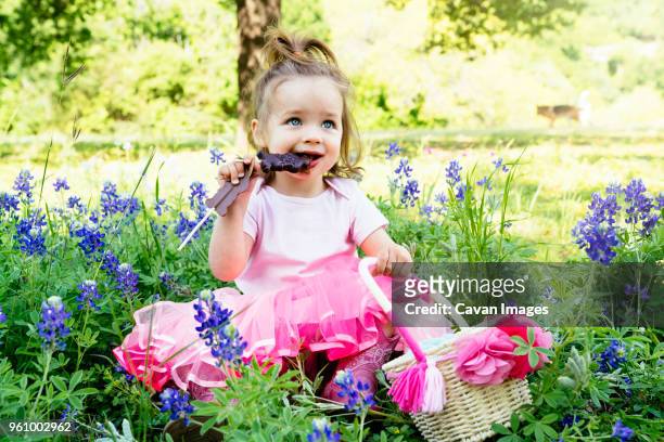 girl eating chocolate easter bunny while sitting on field amidst flower - chocolate bunny stock-fotos und bilder