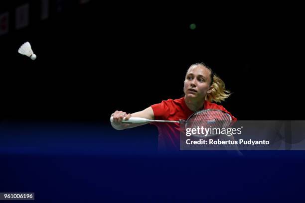 Evgeniya Kosetskaya of Russia competes against Sung Ji Hyun of Korea during Preliminary Round on day two of the BWF Thomas & Uber Cup at Impact Arena...