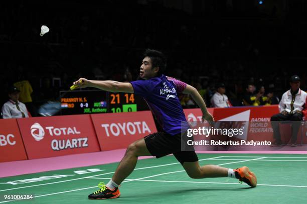 Anthony Joe of Australia competes against Prannoy HS of India during Preliminary Round on day two of the BWF Thomas & Uber Cup at Impact Arena on May...