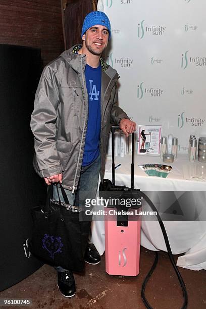 Football player Aaron Rodgers attends the Infinity Sun booth at the Kari Feinstein Sundance Style Lounge on January 23, 2010 in Park City, Utah.