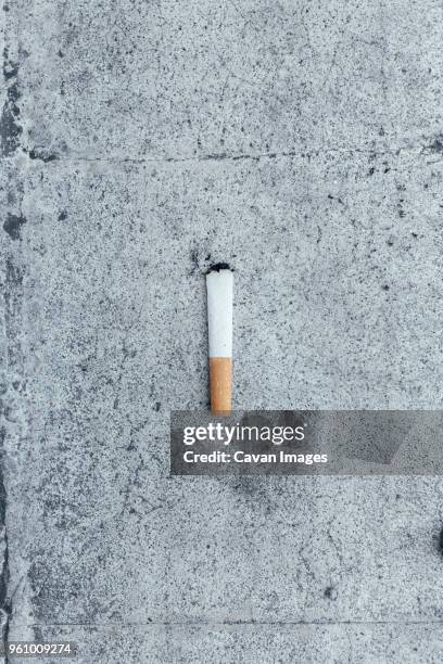 overhead view of cigarette butt on road - stubs stock pictures, royalty-free photos & images