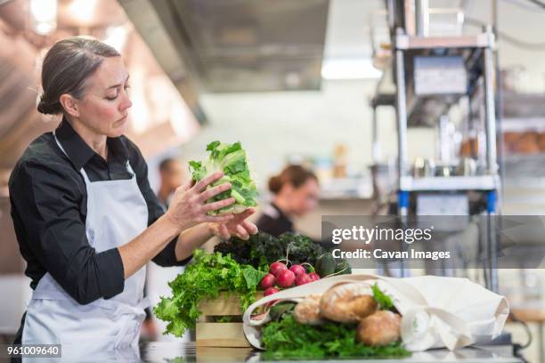 female chef preparing food in restaurant kitchen - köchin stock-fotos und bilder