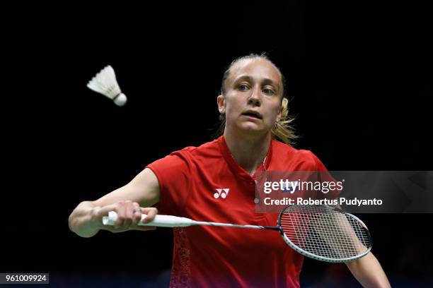 Evgeniya Kosetskaya of Russia competes against Sung Ji Hyun of Korea during Preliminary Round on day two of the BWF Thomas & Uber Cup at Impact Arena...