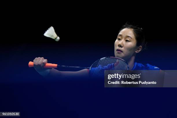 Se Yeon Lee of Korea competes against Natalia Perminova of Russia during Preliminary Round on day two of the BWF Thomas & Uber Cup at Impact Arena on...