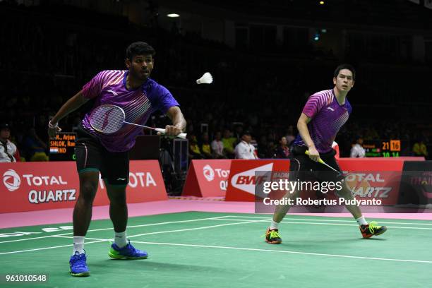 Matthew Chau and Sawan Serasinghe of Australia compete against Arjun MR and Ramchandran Shlok of India during Preliminary Round on day two of the BWF...