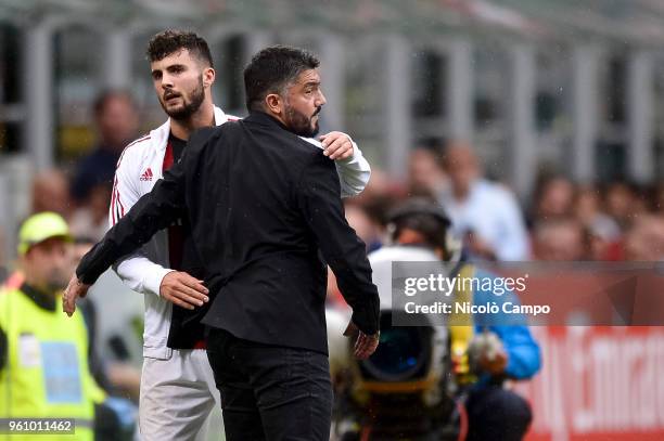 Patrick Cutrone of AC Milan hugs Gennaro Gattuso during the Serie A football match between AC Milan and ACF Fiorentina. AC Milan won 5-1 over ACF...