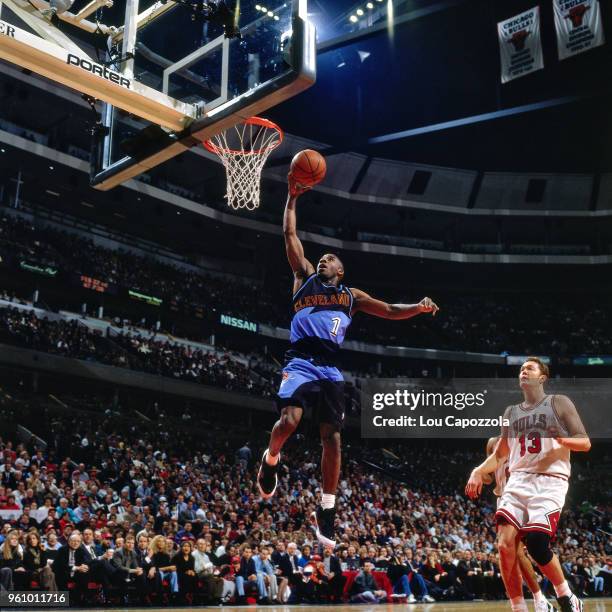 Terrell Brandon of the Cleveland Cavaliers goes to the basket against the Chicago Bulls on February 20, 1996 at the United Center in Chicago,...