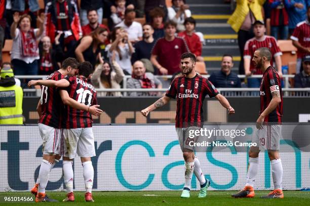 Patrick Cutrone of AC Milan celebrates after scoring a goal during the Serie A football match between AC Milan and ACF Fiorentina. AC Milan won 5-1...