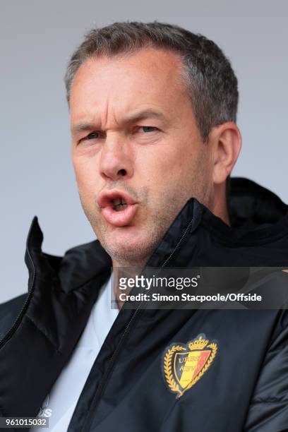 Belgium coach Thierry Siquet looks on during the UEFA European Under-17 Championship Semi Final match between Italy and Belgium at the Aesseal New...