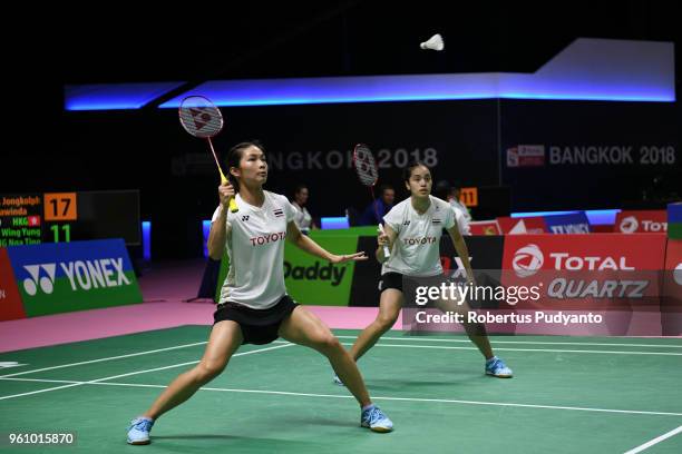 Jongkolphan Kititharakul and Rawinda Prajongjai of Thailand compete against Ng Wing Yung and Yeung Nga Ting of Hong Kong during Preliminary Round on...