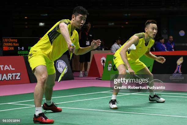 Liu Cheng and Zhang Nan of China compete against Thom Gicquel and Ronan Labar of France during Preliminary Round on day two of the BWF Thomas & Uber...