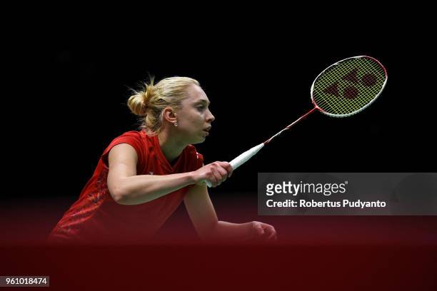 Natalia Perminova of Russia competes against Se Yeon Lee of South Korea during Preliminary Round on day two of the BWF Thomas & Uber Cup at Impact...