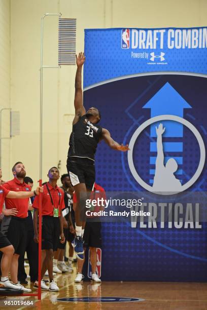 Shake Milton dos the vertical jump during the NBA Draft Combine Day 2 at the Quest Multisport Center on May 18, 2018 in Chicago, Illinois. NOTE TO...