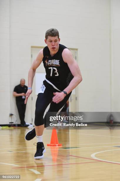 Moritz Wagner does the shuttle run during the NBA Draft Combine Day 2 at the Quest Multisport Center on May 18, 2018 in Chicago, Illinois. NOTE TO...