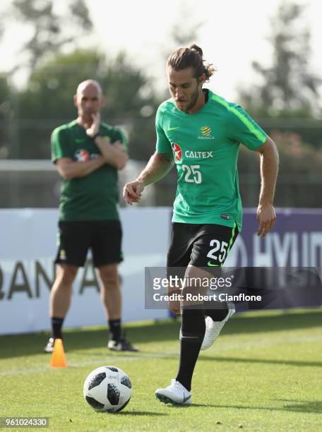 Joshua Brillante of Australia controls the ball during the Australian Socceroos Training Session at Gloria Football Club on May 21, 2018 in Antalya,...