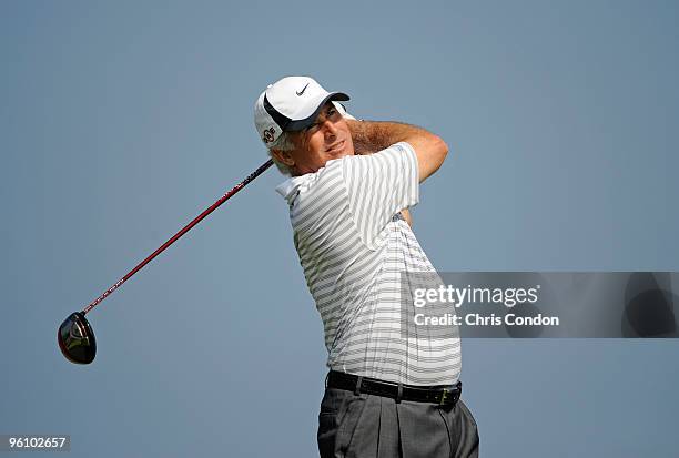 Curtis Strange tees off on during the second round of the Mitsubishi Electric Championship at Hualalai held at Hualalai Golf Club on January 23, 2010...