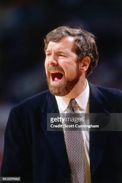 Head Coach P.J. Carlesimo of the Portland Trail Blazers reacts to a play during the game against the Chicago Bulls on November 11, 1995 at the United...