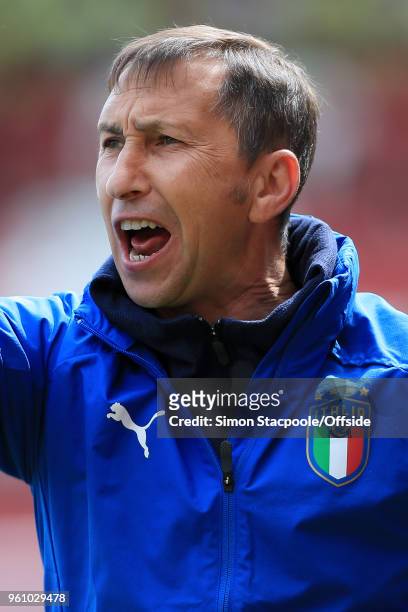 Italy coach Carmine Nunziata shouts instructions during the UEFA European Under-17 Championship Semi Final match between Italy and Belgium at the...