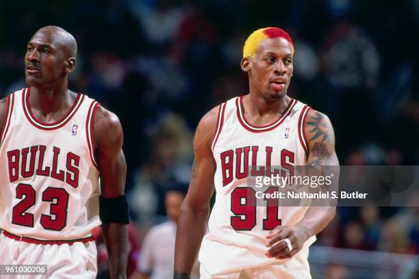 Michael Jordan and Dennis Rodman of the Chicago Bulls look on during the game against the Charlotte Hornets on November 3, 1995 at the United Center...