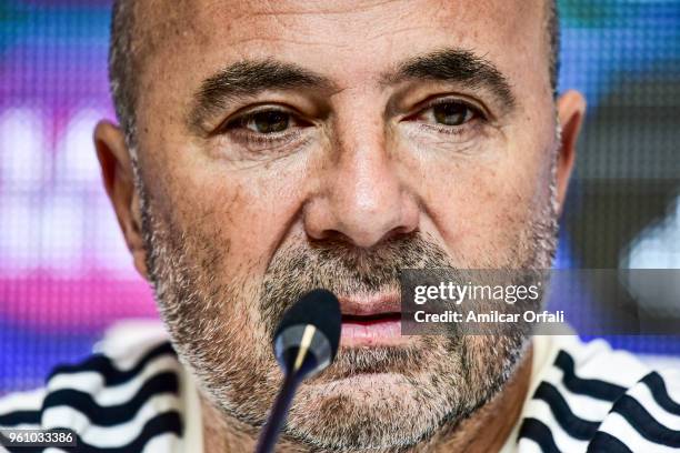 Jorge Sampaoli coach of Argentina looks on during the Argentina squad announcement for FIFA Russia 2018 at Julio Humberto Grondona Training Camp on...