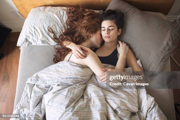 high angle view of lesbian couple sleeping on bed at home - lesbian bed stock pictures, royalty-free photos & images