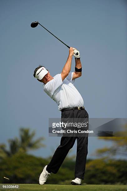 Bruce Lietzke tees off on during the second round of the Mitsubishi Electric Championship at Hualalai held at Hualalai Golf Club on January 23, 2010...