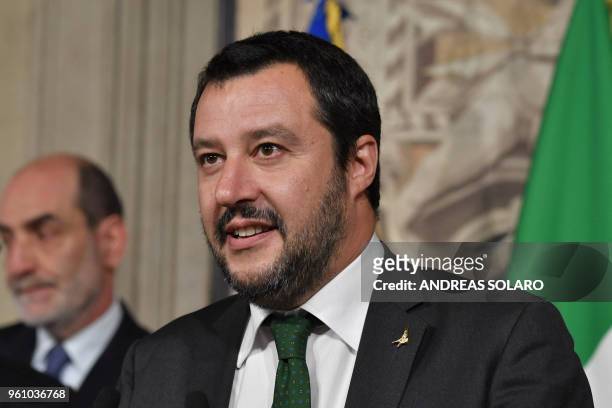 Matteo Salvini, leader of the far-right party League speaks to the press after a meeting with Italian President Sergio Mattarella on May 21, 2018 at...