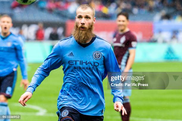 Jo Inge Berget of NYCFC plays ball during regular MLS game against Colorado Rapids at Yankee stadium held under rain NYCFC won 4 - 0.