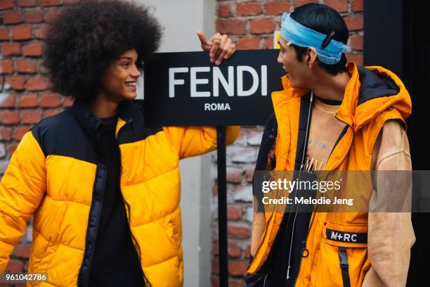 Models Joaqim Arnell, Arun Gupta pose with a Fendi sign during Milan Men's Fashion Week Fall/Winter 2018/19 on January 15, 2018 in Milan, Italy....