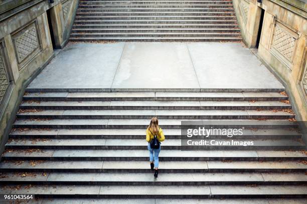 high angle view of woman climbing steps at park - hinauf bewegen stock-fotos und bilder