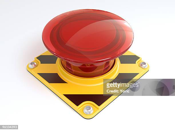 big red button on yellow and black metal on white background - big red button stockfoto's en -beelden