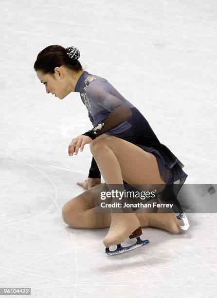 Sasha Cohen falls during her routine and finished fourth in the ladies free program at the US Figure Skating Championships at Spokane Arena on...