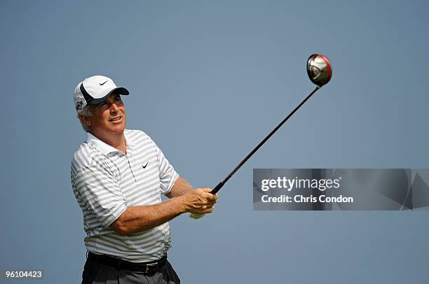 Curtis Strange tees off on during the second round of the Mitsubishi Electric Championship at Hualalai held at Hualalai Golf Club on January 23, 2010...